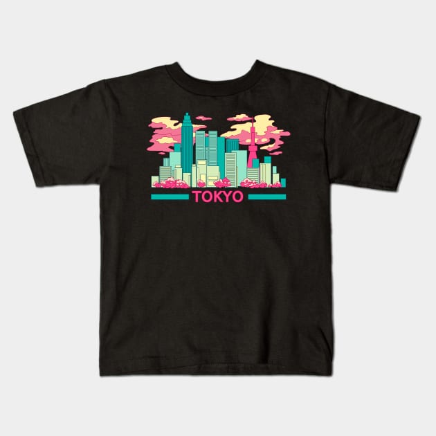 The colorful Tokyo skyscrapers and the cherry blossom on the black background Kids T-Shirt by AnGo